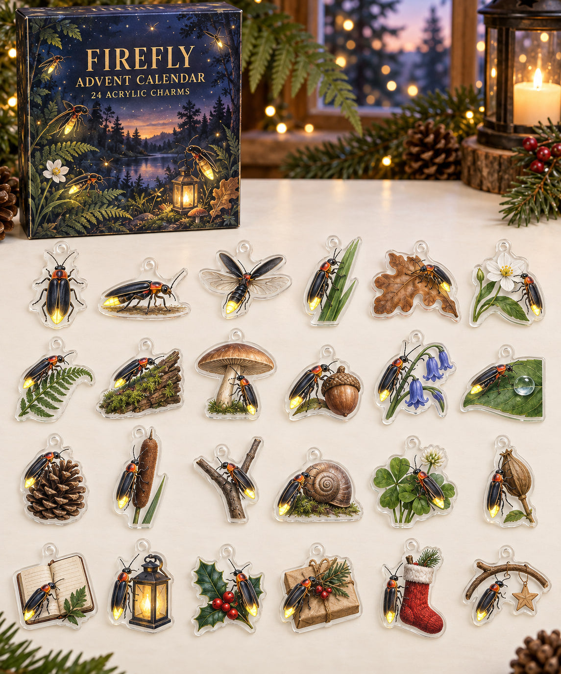 Firefly advent calendar with 24 custom-shaped flat acrylic charms and printed dimensional artwork