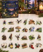 Firefly advent calendar with 24 custom-shaped flat acrylic charms and printed dimensional artwork