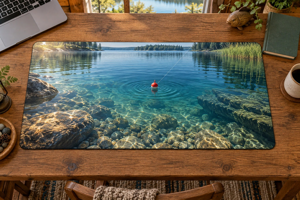 Fishing Bobber Clear Lake Desk Mat with flat printed lake depth, thin rubber edge and lakehouse desk styling; accessories not included.