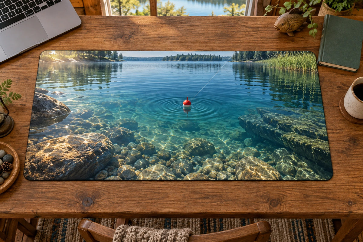 Fishing Bobber Clear Lake Desk Mat with flat printed lake depth, thin rubber edge and lakehouse desk styling; accessories not included.