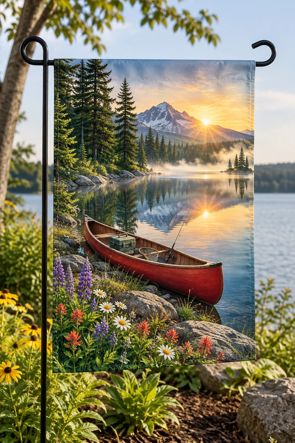 Fishing Canoe Pine Reflection Garden Flag with printed dimensional artwork