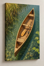 Fishing Canoe Reed Channel Stretched Canvas Wall Art with printed open-hull and clear-water depth