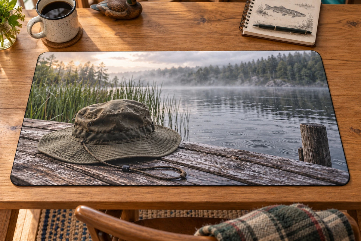 Fishing Hat Rainy Lake Desk Mat: flat printed hat, dock bench and misty lake illusion on thin fabric-surface rubber mat; props not included.