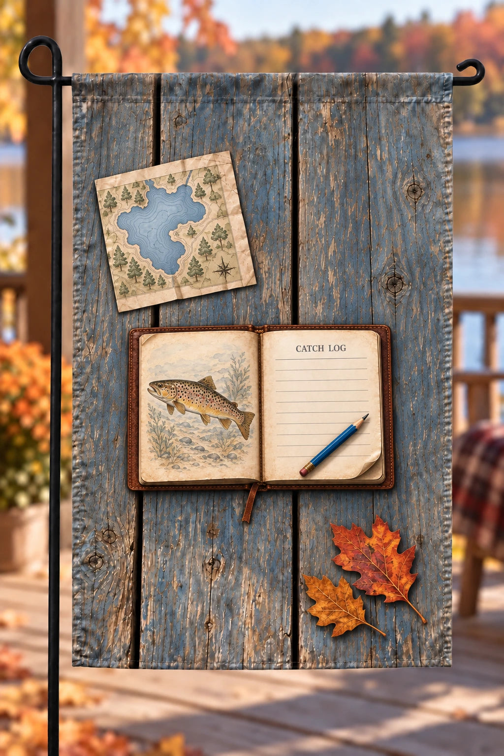 Fishing Journal Lakeside Notes Garden Flag with printed open logbook and curled paper depth