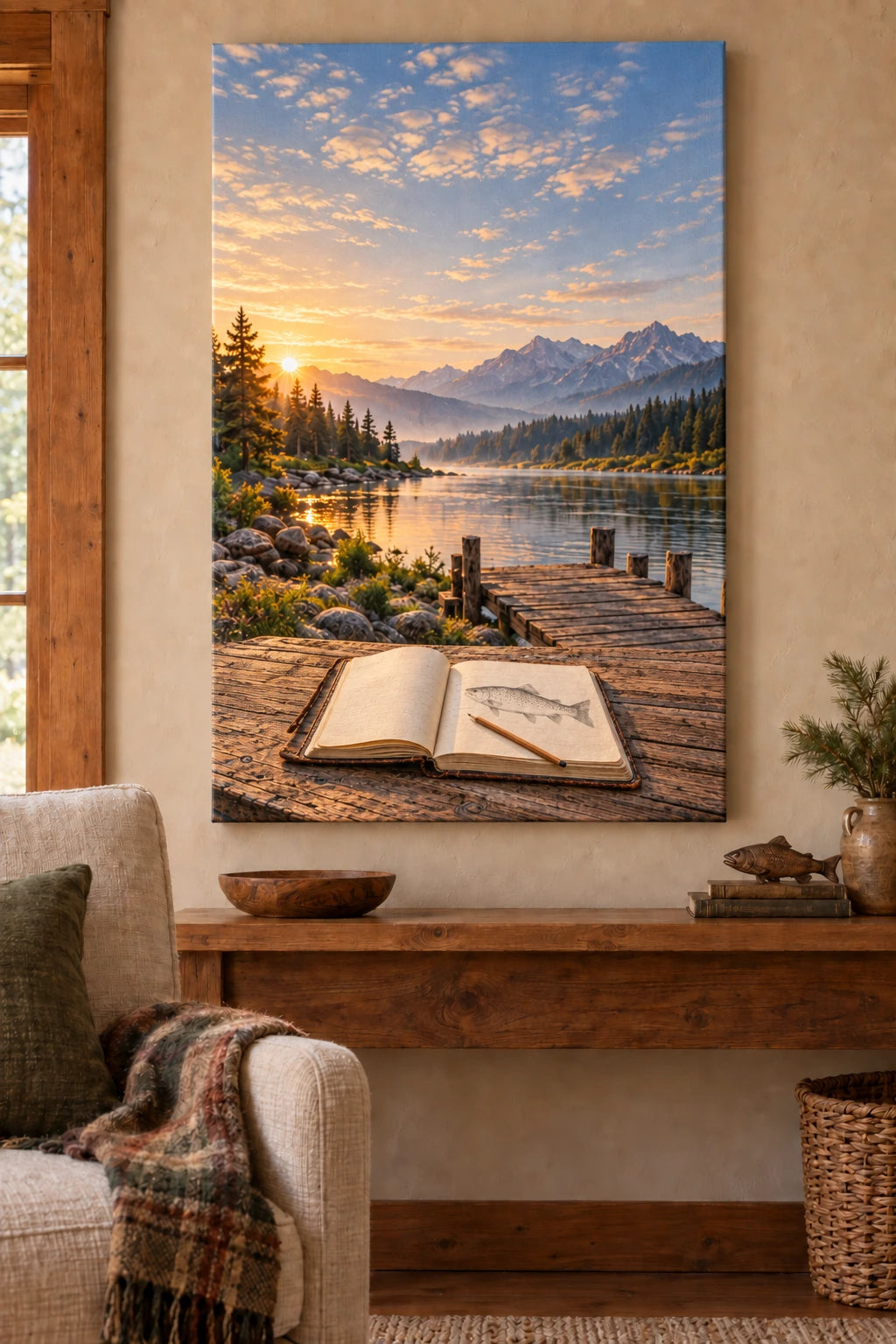 Fishing journal and trout sketch at dawn lake, flat printed stretched canvas.