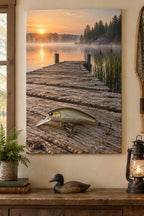 Fishing lure resting on dawn dock, flat printed optical-depth canvas.