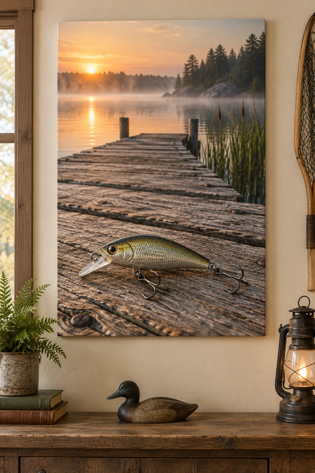 Fishing lure resting on dawn dock, flat printed optical-depth canvas.
