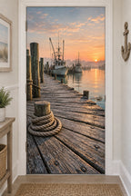 Fishing Pier Dawn Harbor Fabric Door Cover with flat printed rope and fishing pier dawn depth