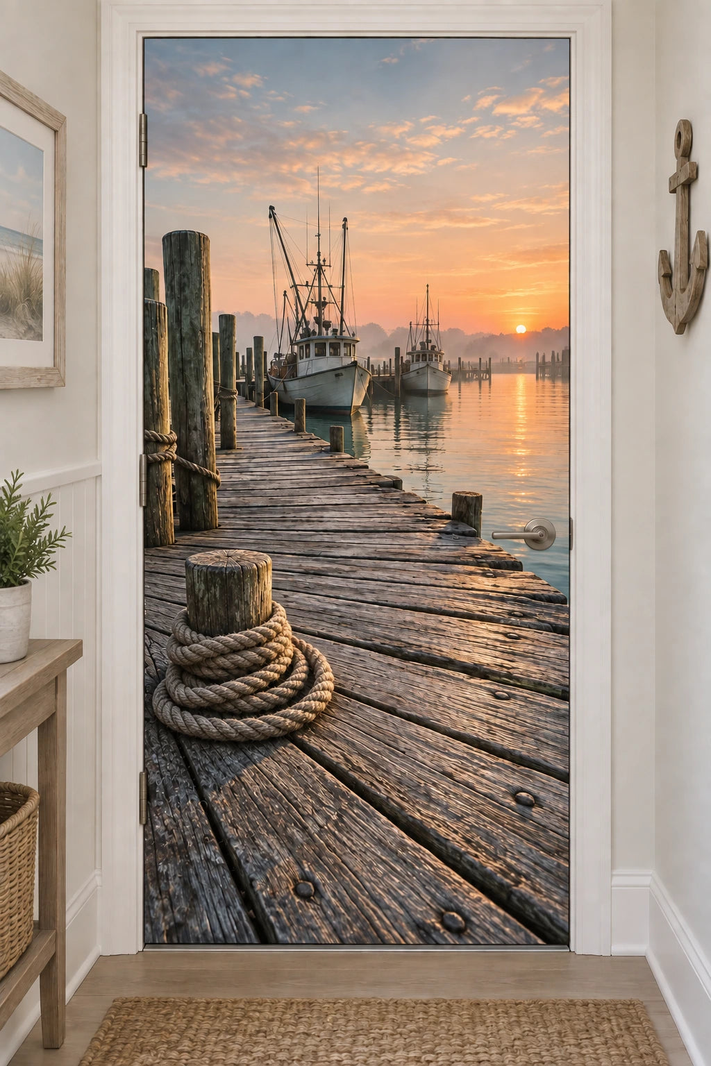 Fishing Pier Dawn Harbor Fabric Door Cover with flat printed rope and fishing pier dawn depth