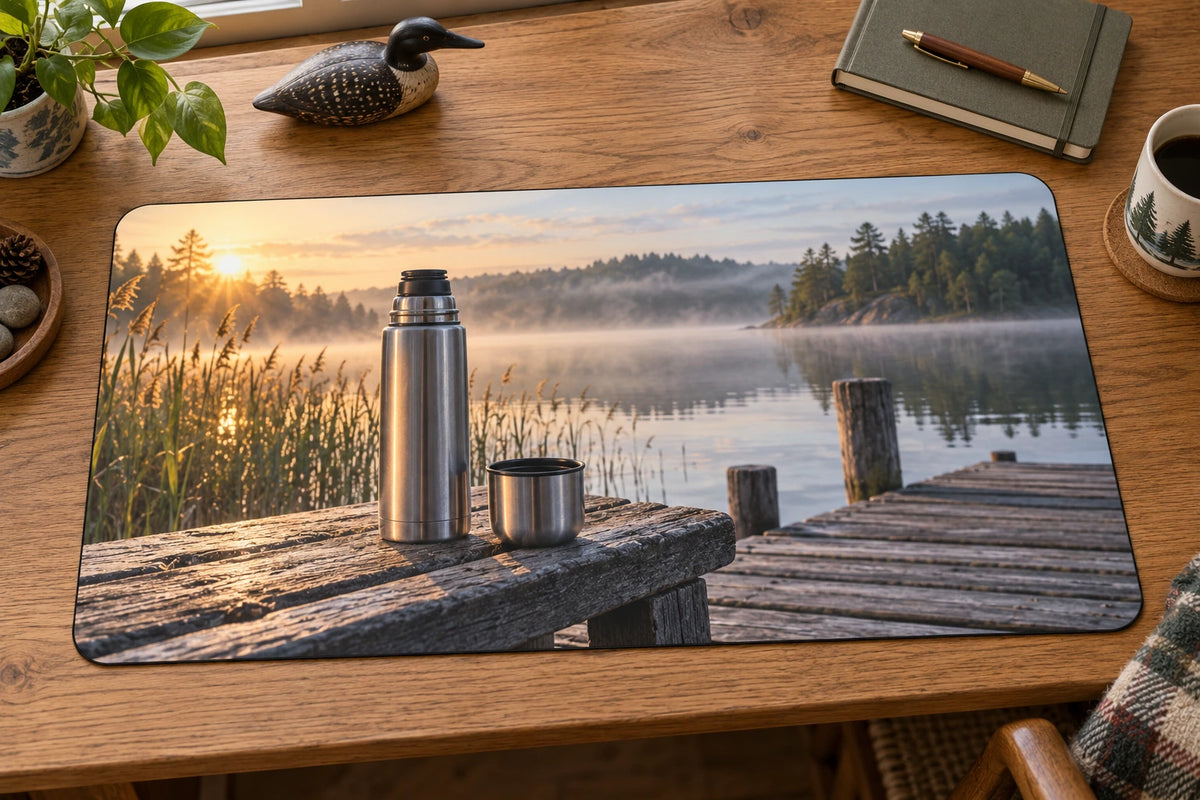 Fishing Flask Lakeside Dawn Desk Mat with flat printed bottle, cup, dock and misty lake depth; accessories not included.