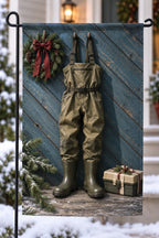Fishing Waders Christmas Porch Garden Flag with printed wader folds and evergreen depth