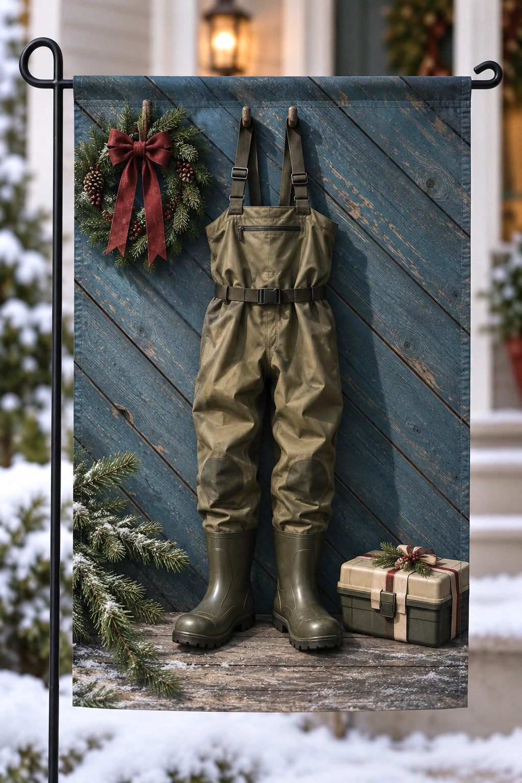 Fishing Waders Christmas Porch Garden Flag with printed wader folds and evergreen depth