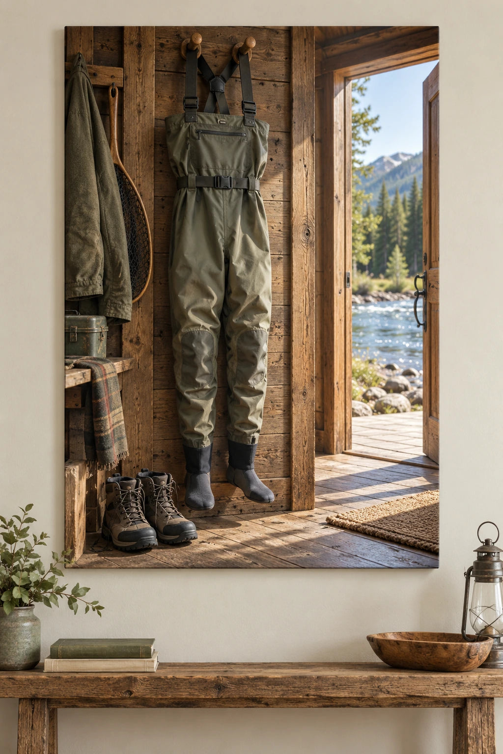 Fishing waders and separate boots in a river cabin, flat printed optical-depth canvas.