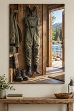 Fishing waders and separate boots in a river cabin, flat printed optical-depth canvas.
