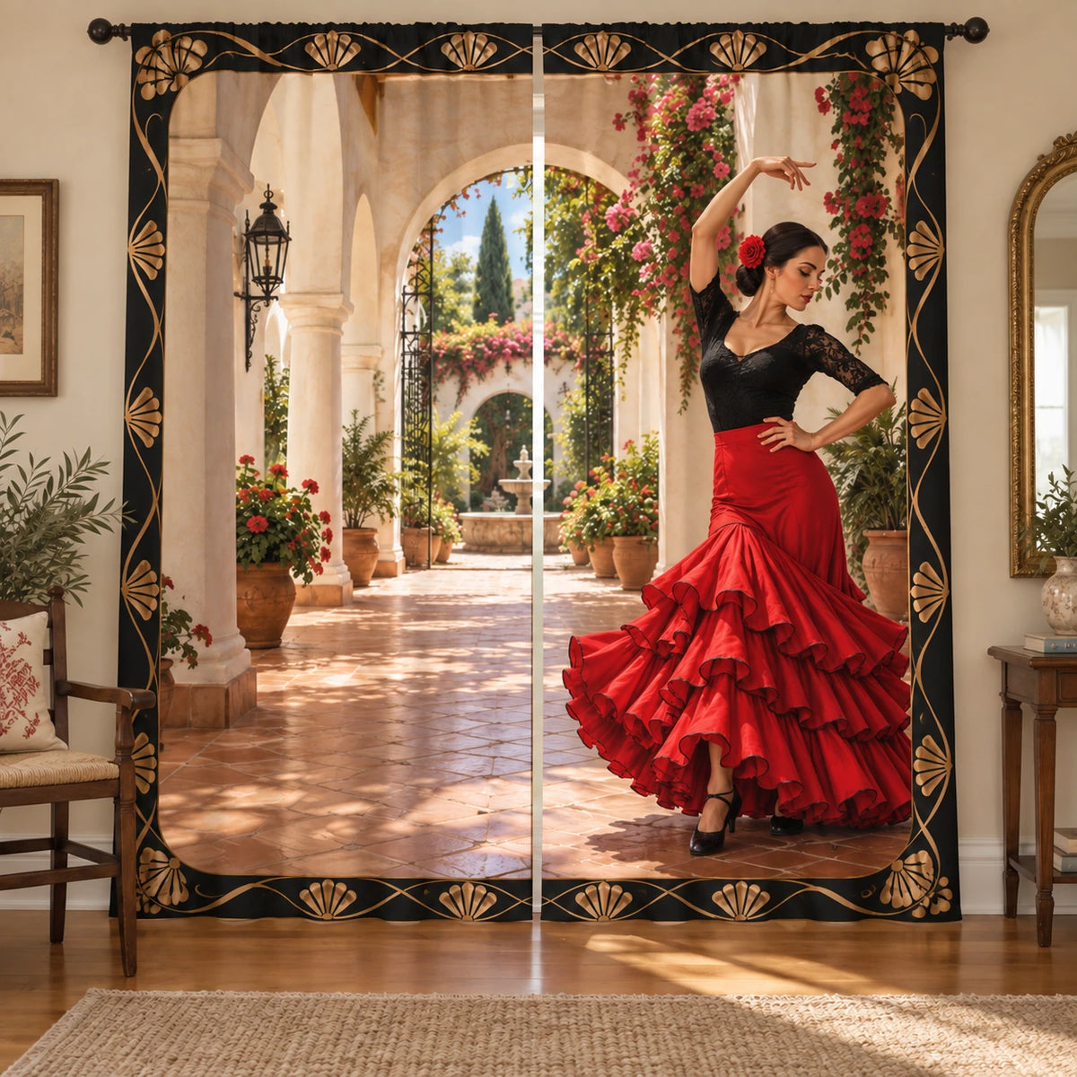 Flamenco Courtyard Window Curtain Pair with original printed optical 3D artwork
