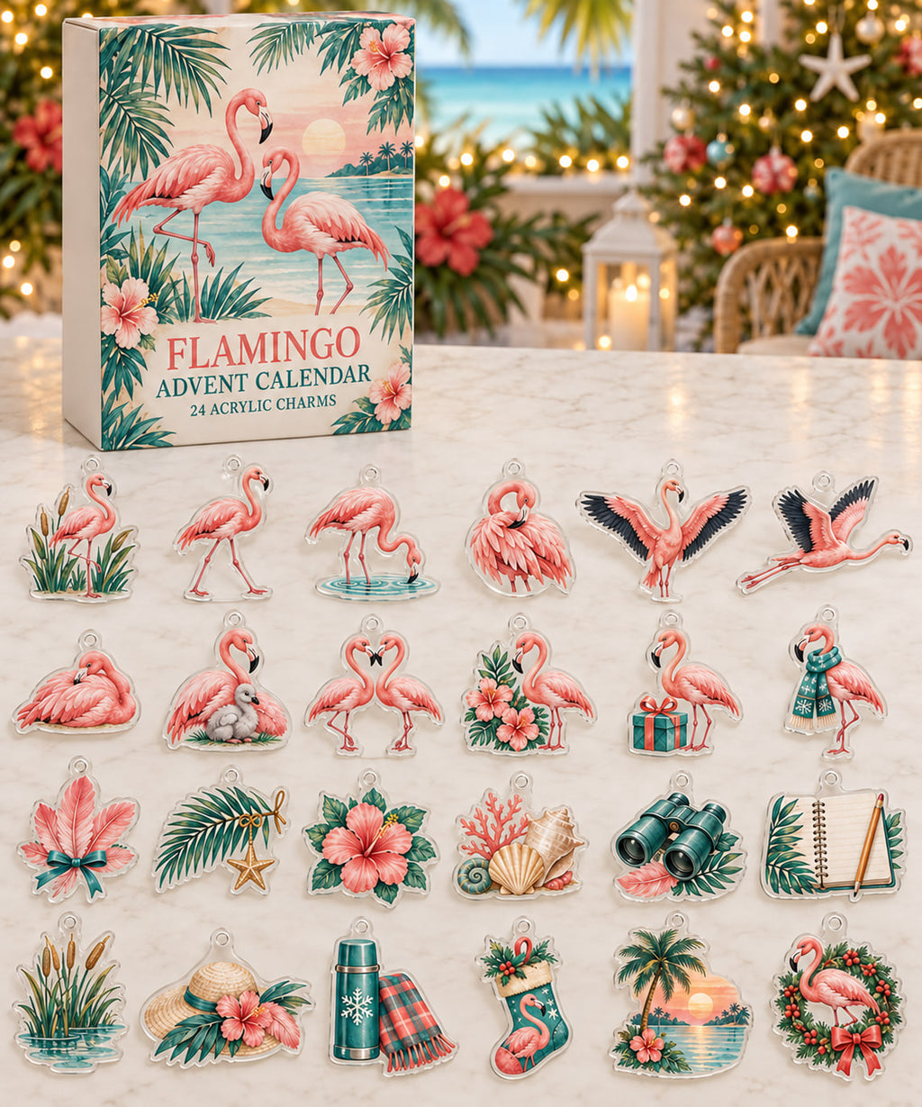 Flamingo advent calendar with 24 custom-shaped flat acrylic charms and printed dimensional artwork