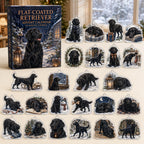 Flat-Coated Retriever advent calendar box and 24 illustrated acrylic charms displayed on an ivory tabletop in a winter setting