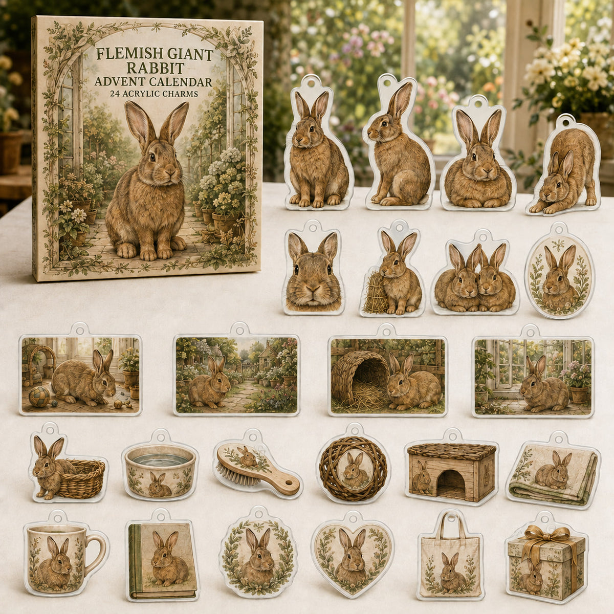 Flemish Giant Rabbit advent calendar box and 24 themed flat printed acrylic charms