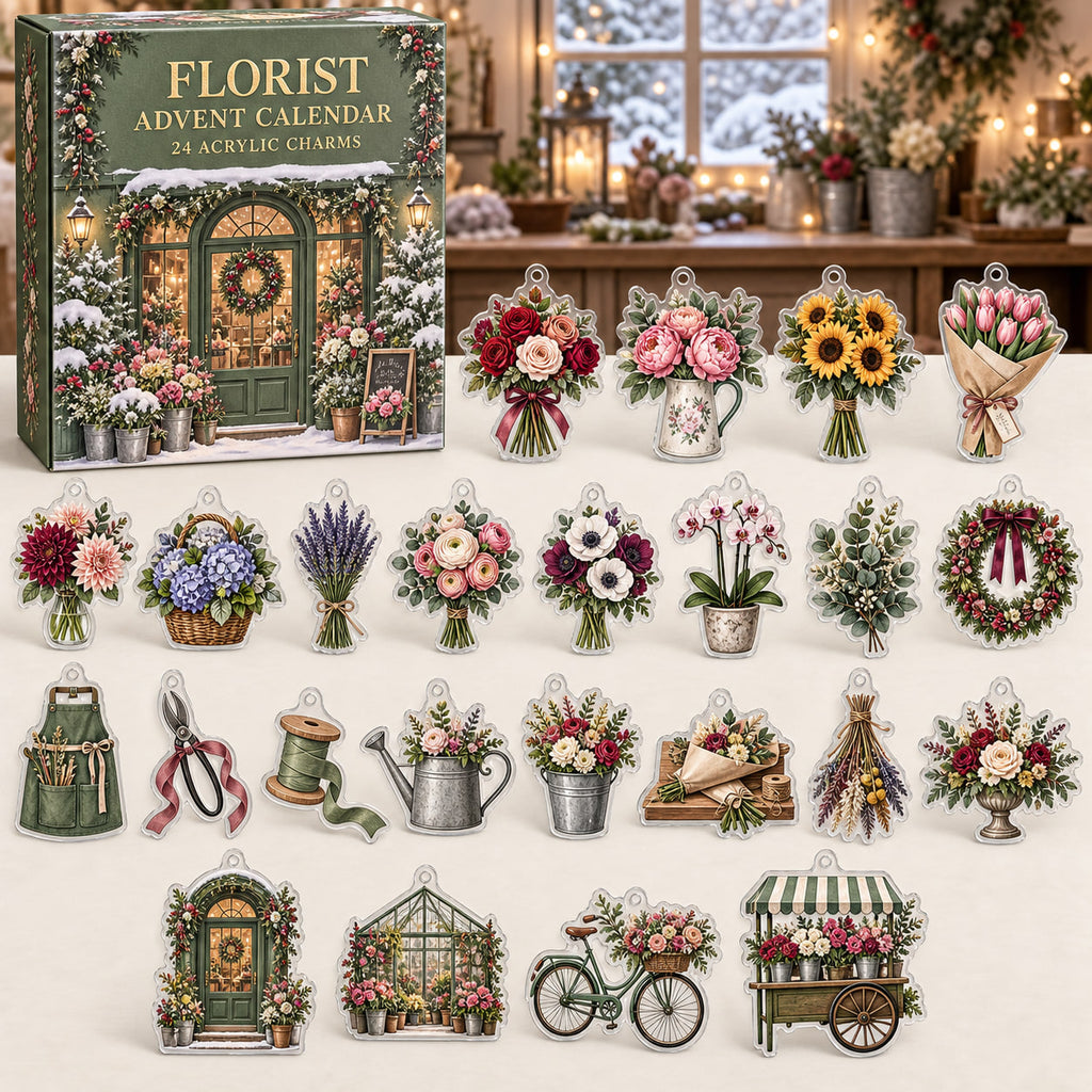 Florist advent calendar with 24 custom-shaped flat acrylic charms featuring printed floral depth