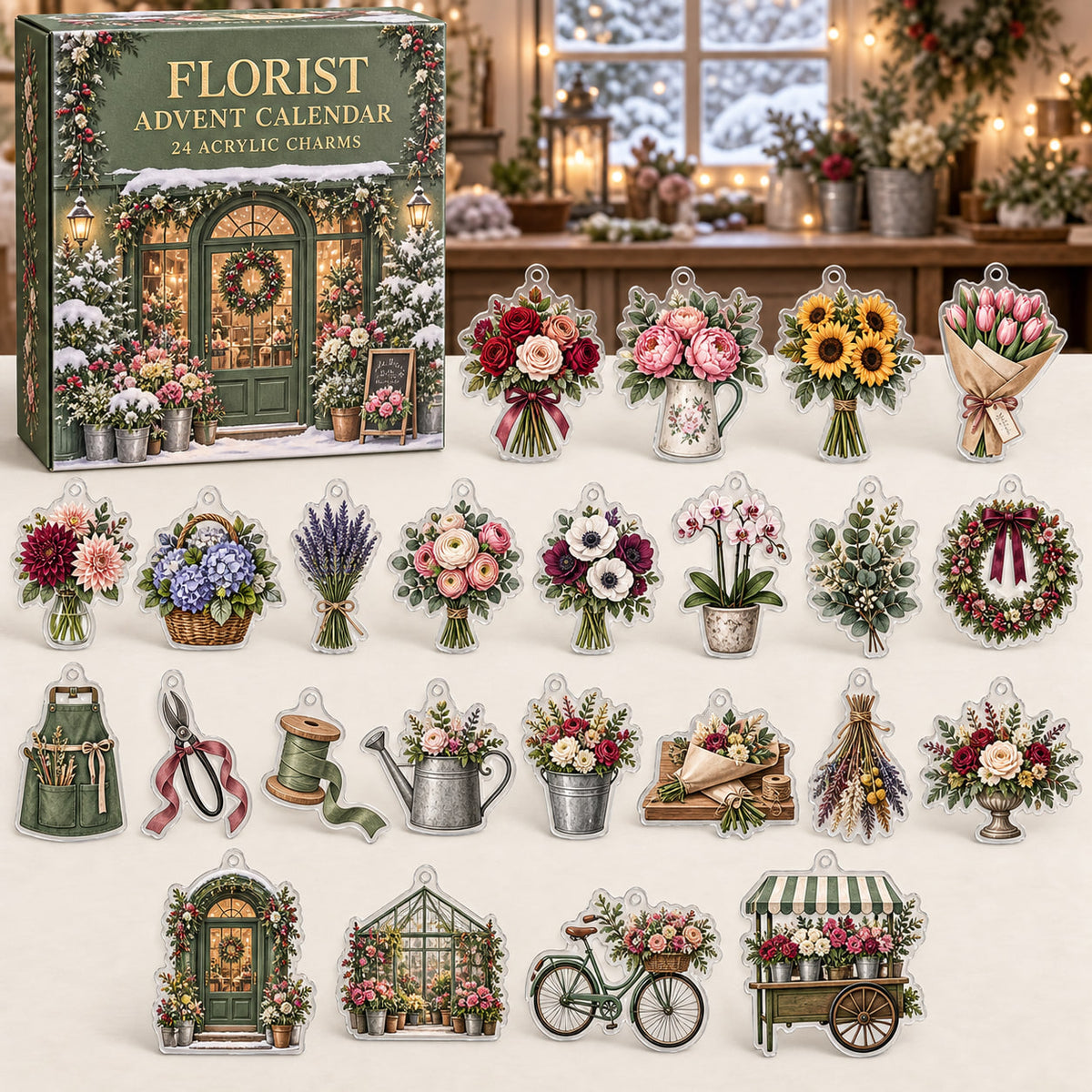 Florist advent calendar with 24 custom-shaped flat acrylic charms featuring printed floral depth