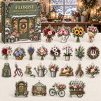 Florist advent calendar with 24 custom-shaped flat acrylic charms featuring printed floral depth
