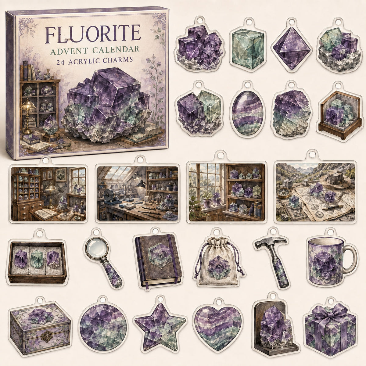 Fluorite advent calendar box and 24 mineral-themed printed acrylic charms