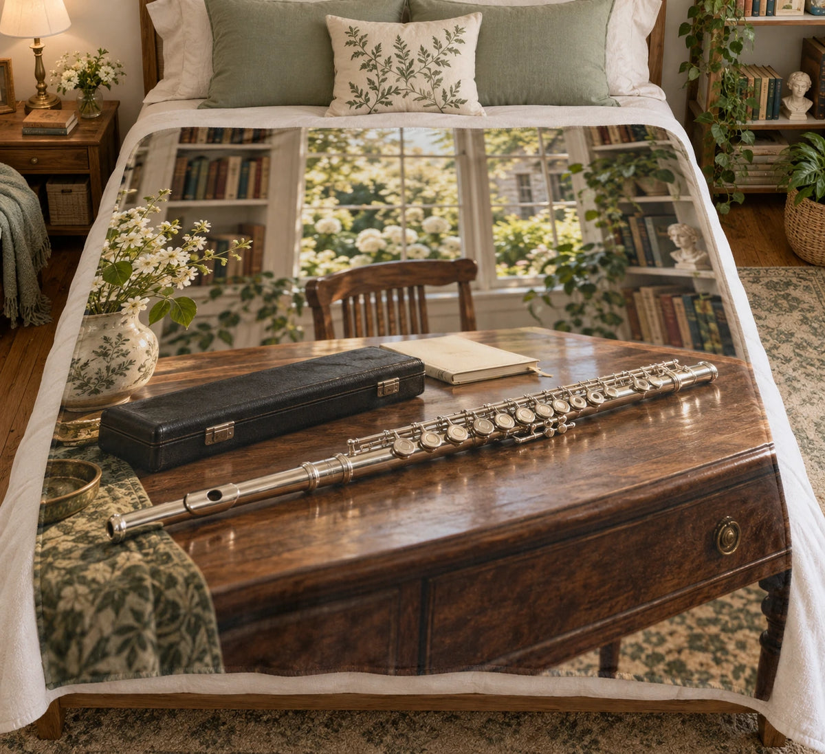 Silver flute in sunlit garden studio, flat printed fleece throw blanket.