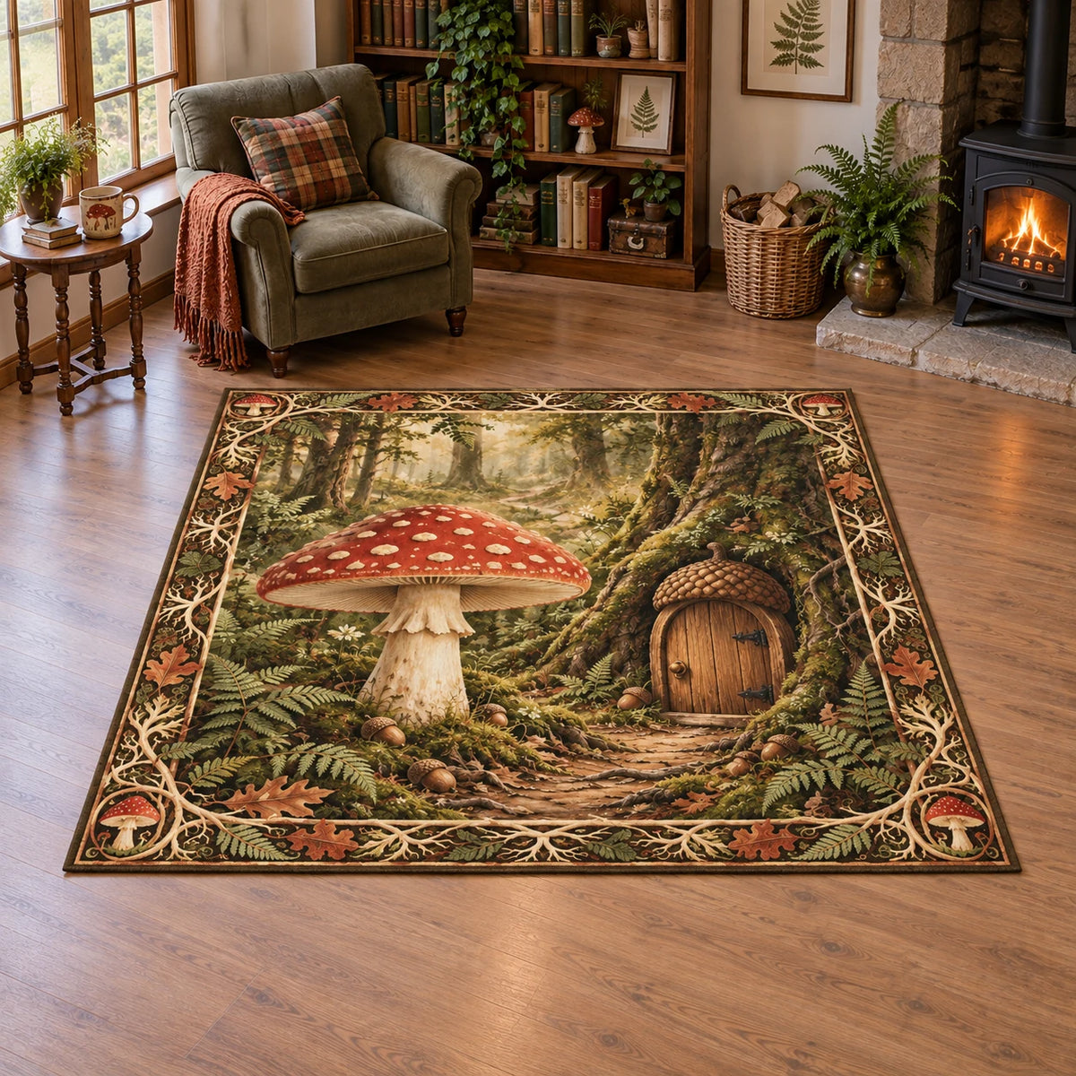 Fly Agaric Acorn Doorway Area Rug with printed 3D depth in a matching botanical setting