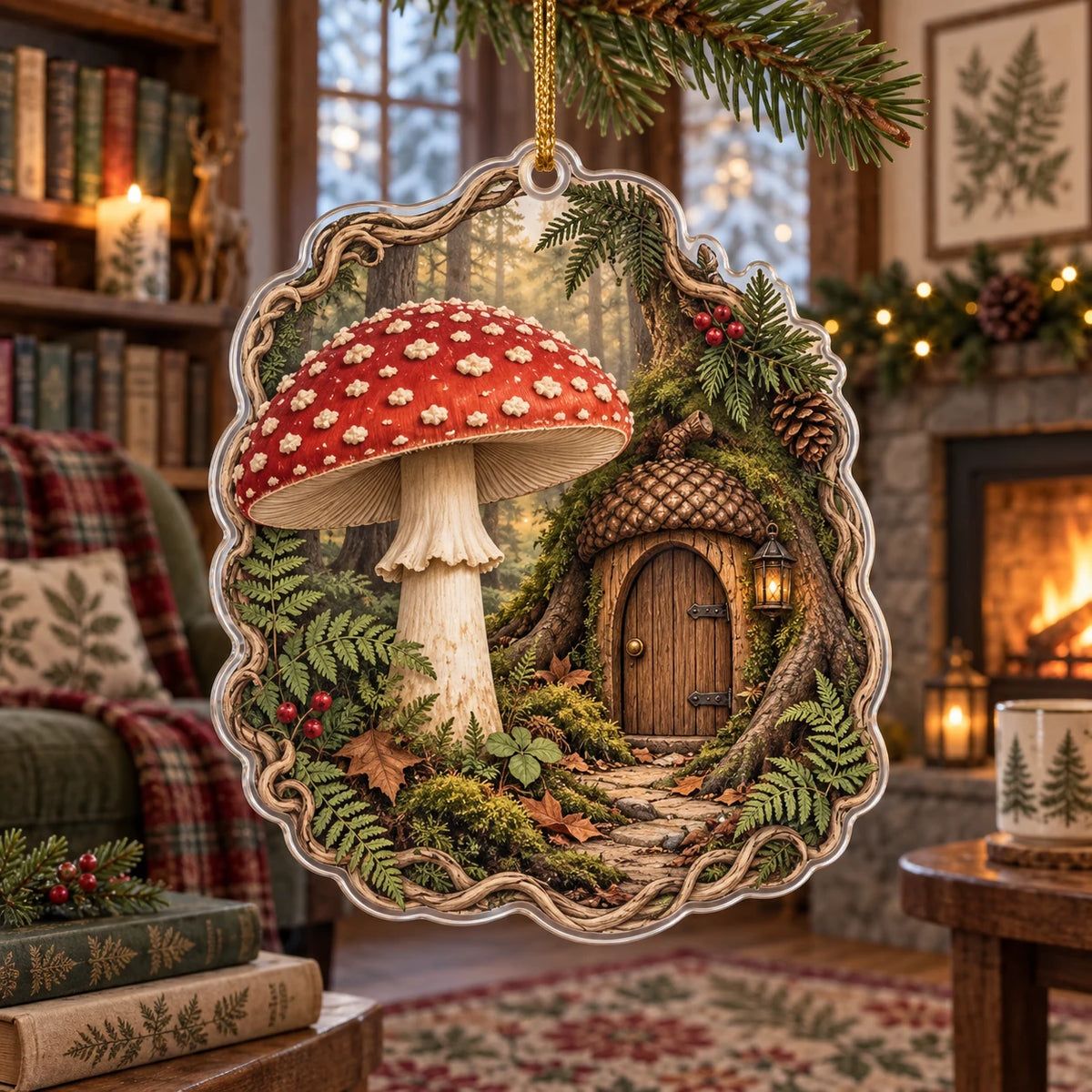 Fly Agaric Acorn Doorway Christmas Ornament with printed 3D depth in a matching botanical setting