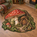 Fly Agaric Acorn Doorway Custom Shape Area Rug with printed 3D depth in a matching botanical setting