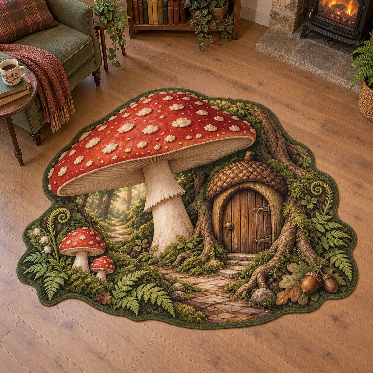 Fly Agaric Acorn Doorway Custom Shape Area Rug with printed 3D depth in a matching botanical setting