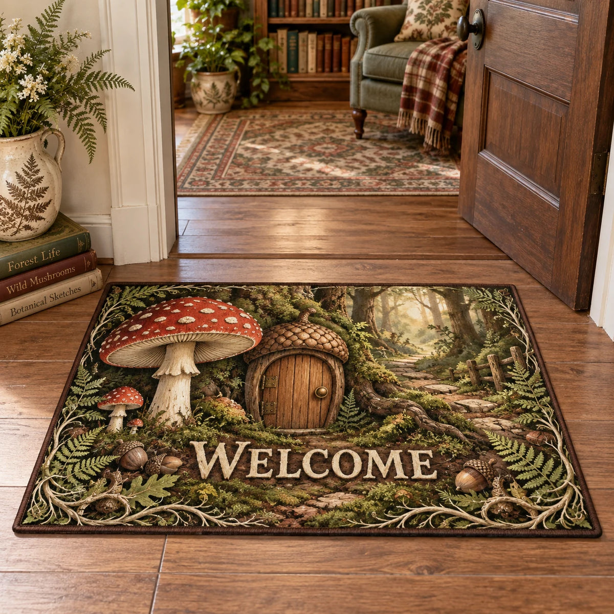 Fly Agaric Acorn Doorway Doormat with printed 3D depth in a matching botanical setting