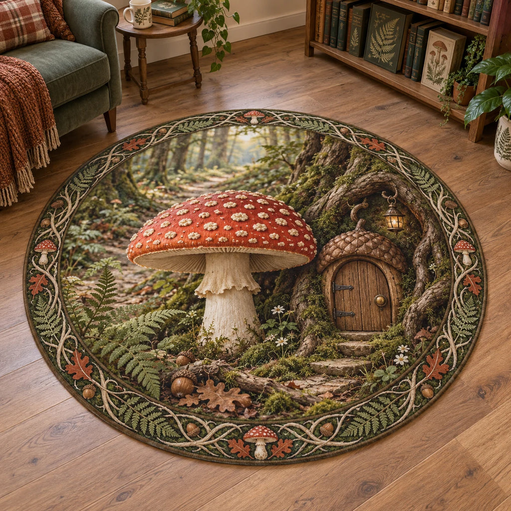 Fly Agaric Acorn Doorway Round Mat Rug with printed 3D depth in a matching botanical setting