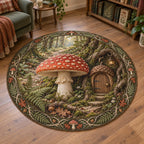 Fly Agaric Acorn Doorway Round Mat Rug with printed 3D depth in a matching botanical setting