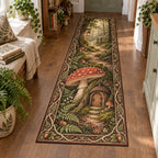 Fly Agaric Acorn Doorway Runner Rug with printed 3D depth in a matching botanical setting