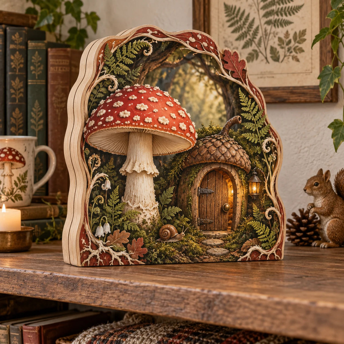 Fly Agaric Acorn Doorway Wooden Block 3 Layer with a red mushroom, tiny door and fern frame on a shelf