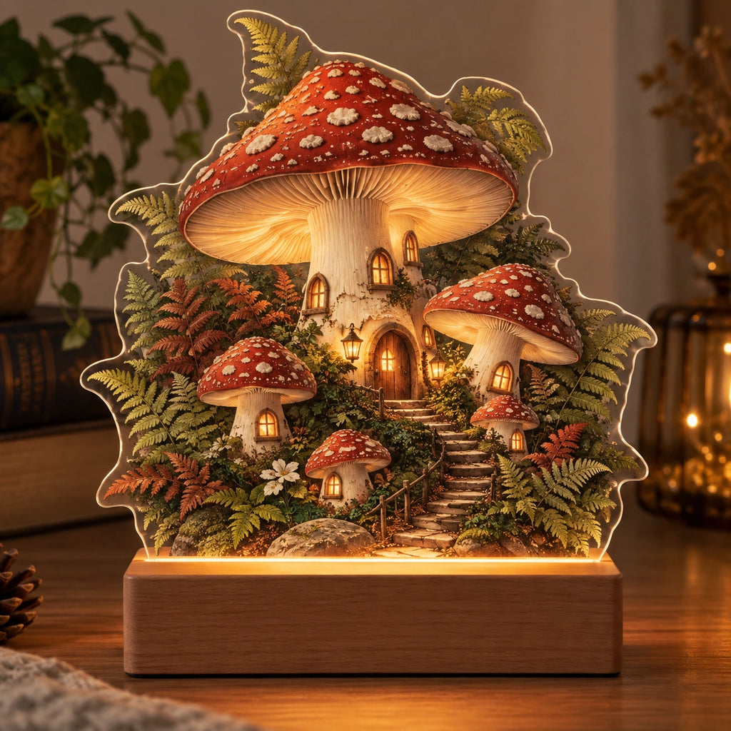 Fly Agaric Fern Village Acrylic Night Light with printed dimensional artwork