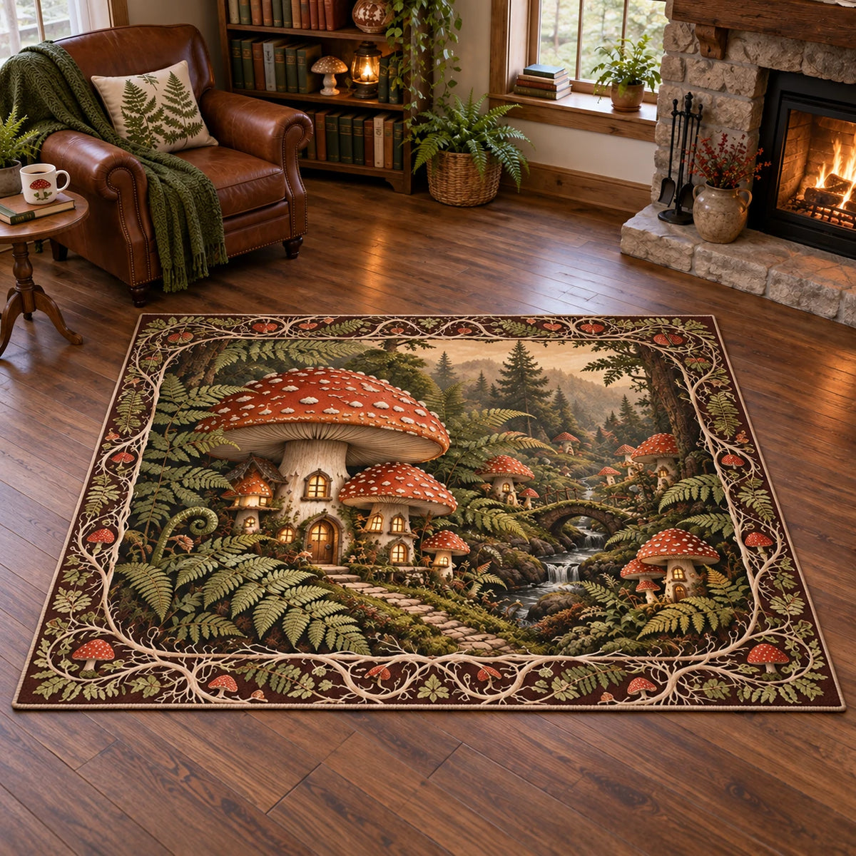 Mushroom Village Area Rug - 3D Print with dimensional printed artwork in a matching cottage setting