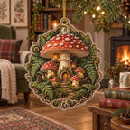 Mushroom Village Christmas Ornament with dimensional printed artwork in a matching cottage setting