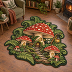 Mushroom Village Custom Shape Rug with dimensional printed artwork in a matching cottage setting