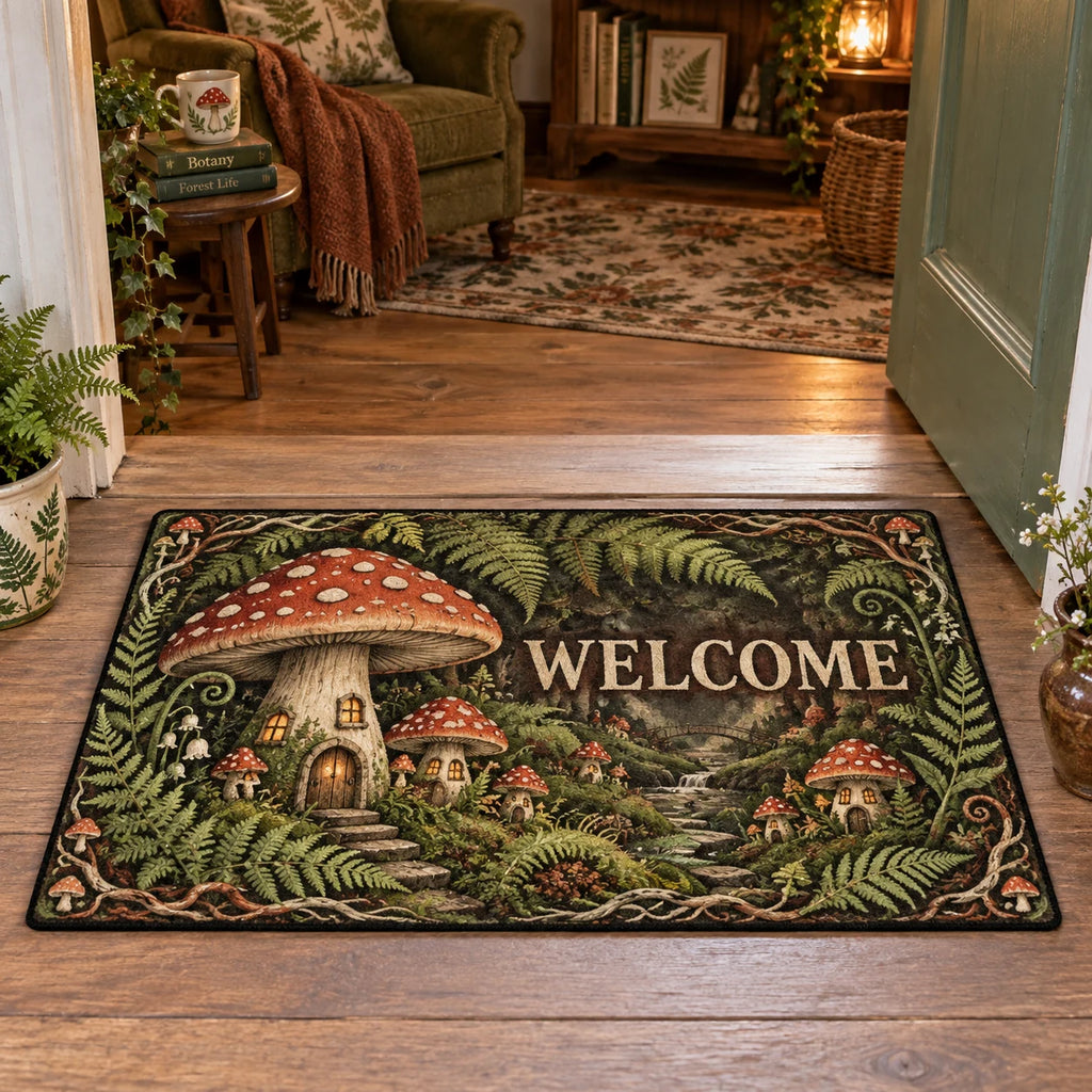 Mushroom Village Welcome Doormat with dimensional printed artwork in a matching cottage setting