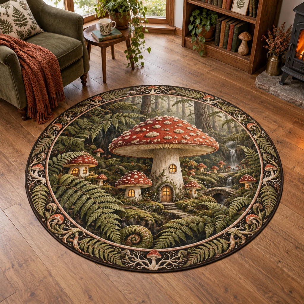 Fly Agaric Fern Village Round Mat Rug with dimensional printed nature artwork and a coordinated border