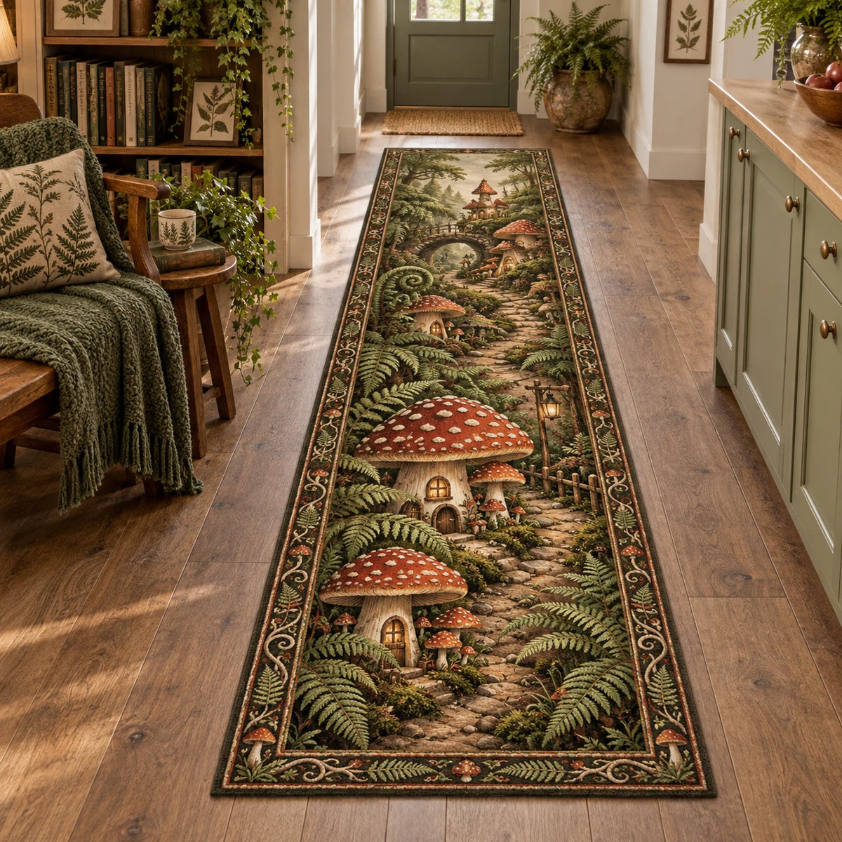 Mushroom Village Runner Rug - 3D Print with dimensional printed artwork in a matching cottage setting
