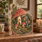 Mushroom Village 3-Layer Wooden Block with dimensional printed artwork in a matching cottage setting