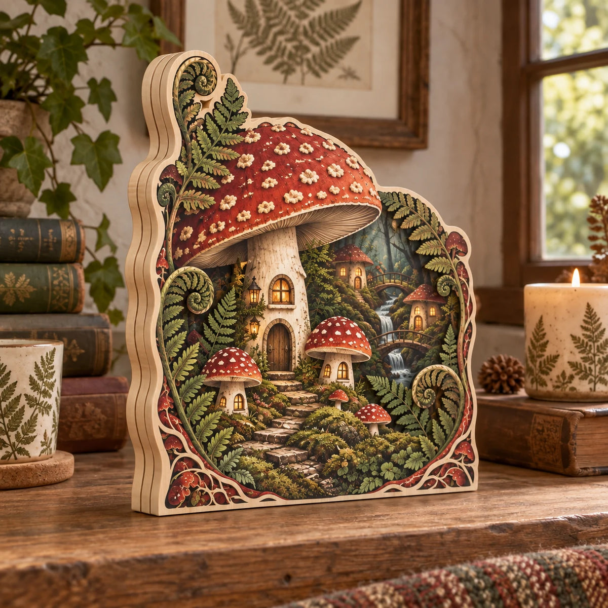 Mushroom Village 3-Layer Wooden Block with dimensional printed artwork in a matching cottage setting