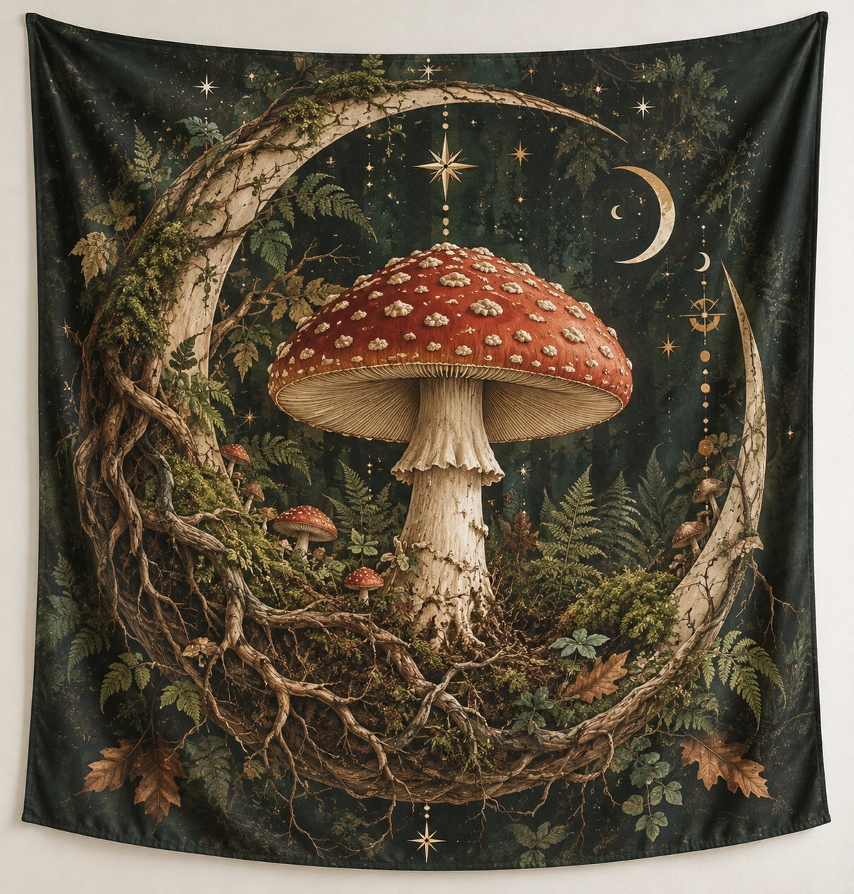 Fly Agaric Moon Crescent Wall Tapestry with printed dimensional artwork