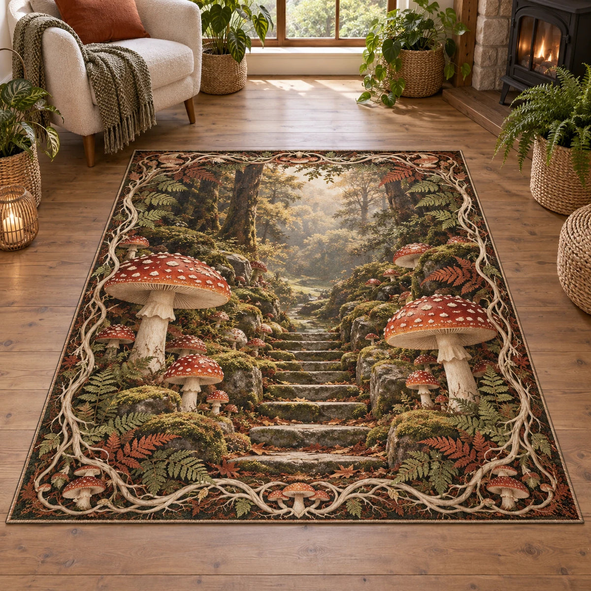 Fly Agaric Moss Stairway Area Rug with red mushrooms, mossy stone steps and fern border in a cottage setting