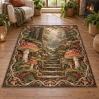 Fly Agaric Moss Stairway Area Rug with red mushrooms, mossy stone steps and fern border in a cottage setting