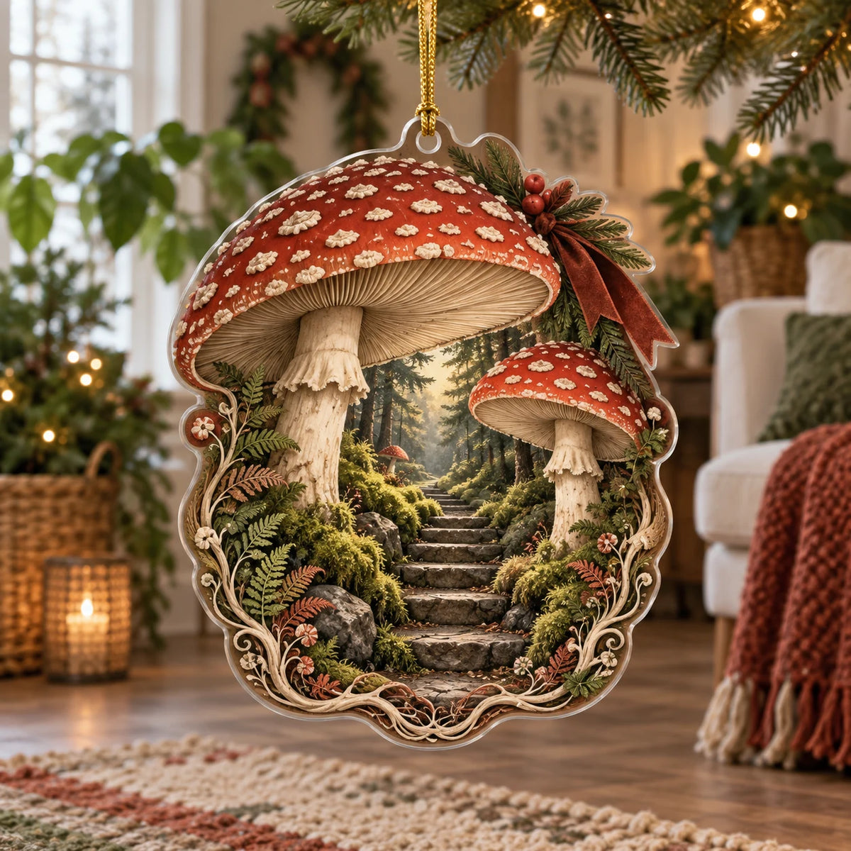Fly Agaric Moss Stairway Christmas Ornament with red mushrooms, mossy stone steps and fern border in a cottage setting