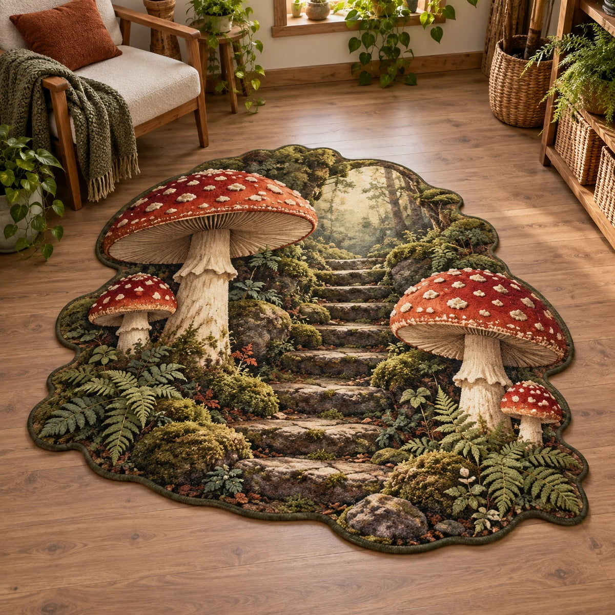 Fly Agaric Moss Stairway Custom Shape Area Rug with red mushrooms, mossy stone stairway and ferns in a cottage setting
